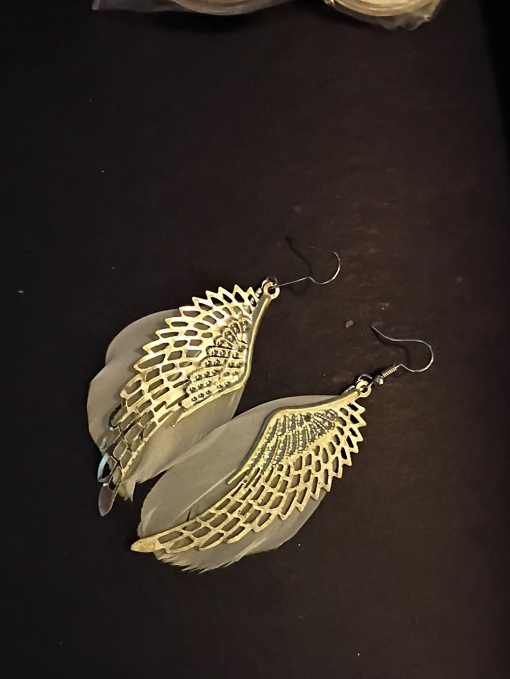 Feather Wing Drop Earrings - Silver and Gray
